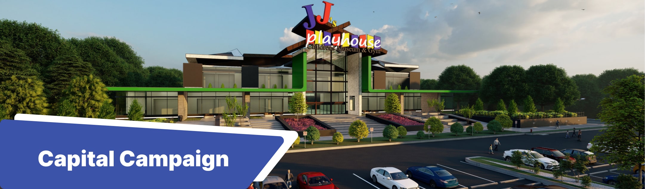 JJs Playhouse 3D Rendering of the front view with parking lot